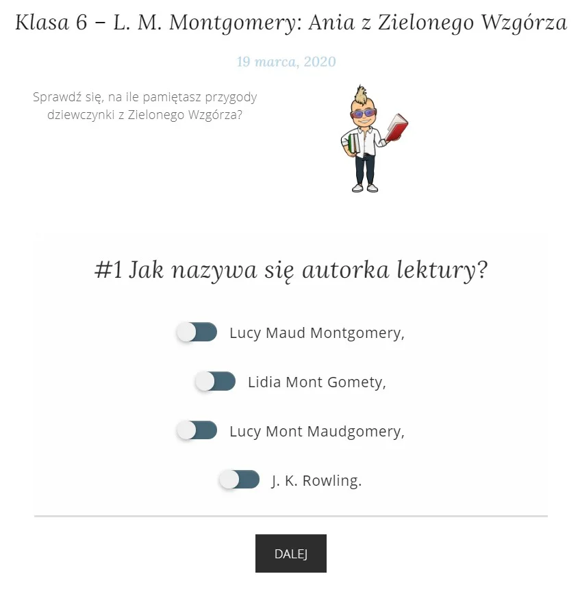 Przykładowy quiz sprawdzający wiedzę z lektury