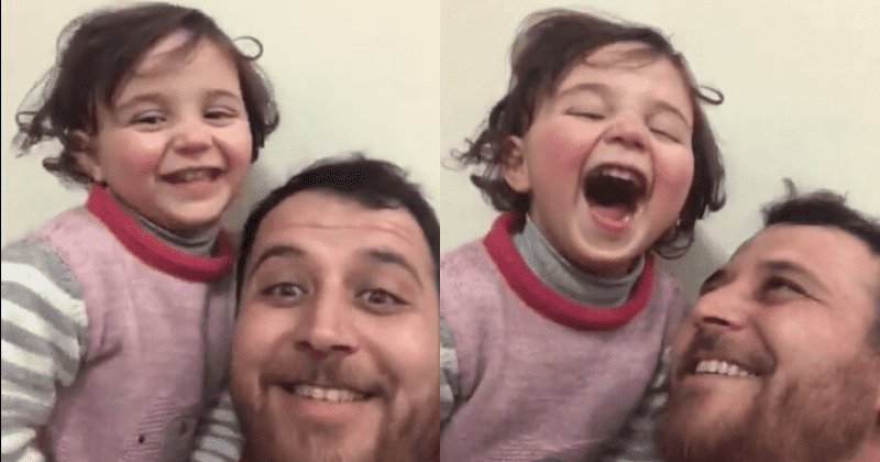 Abdullah Mohammad, ojciec z Syrii, uczy swoją 3-letnią córkę śmiać się na odgłos spadających bomb
