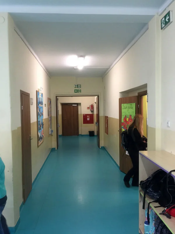 Klasyczna polska szkoła z olejną lamperią w kolorze beżowym